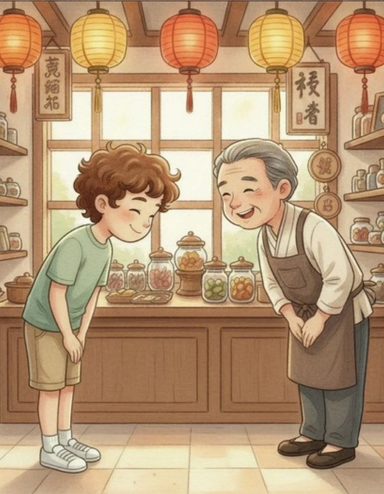Atlas bowing to a shopkeeper in Japan