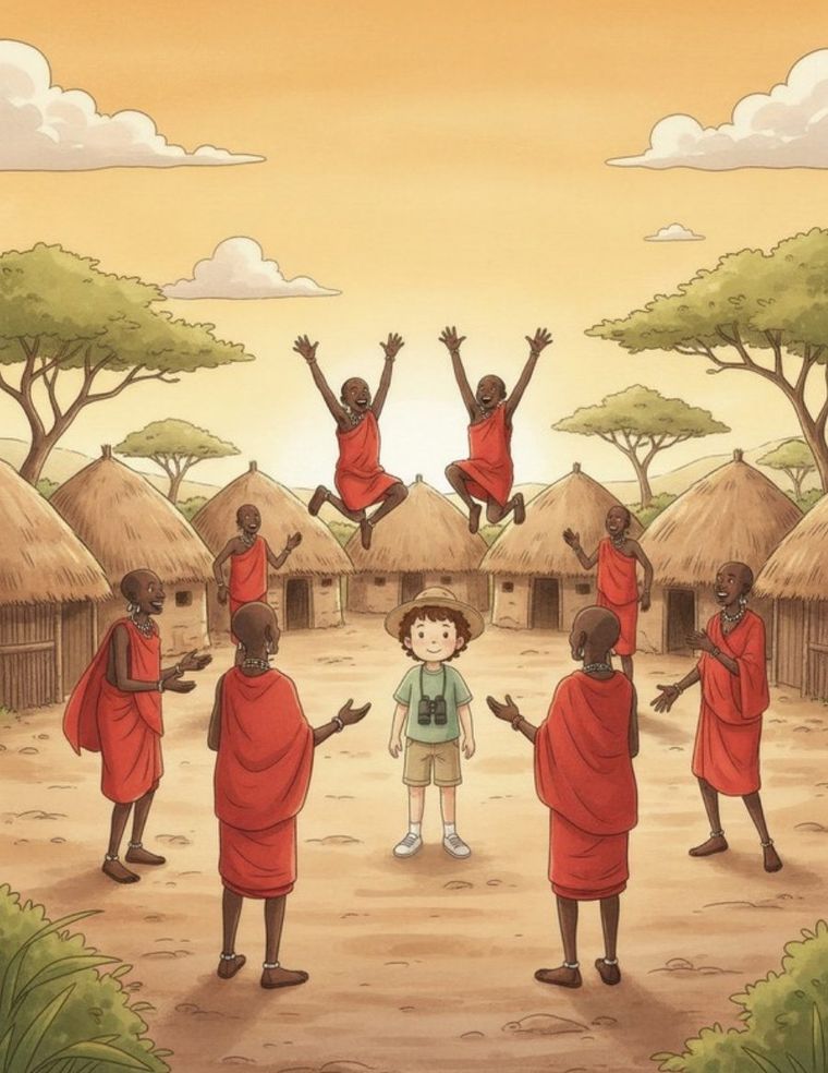 Maasai dancers jumping high in red cloth